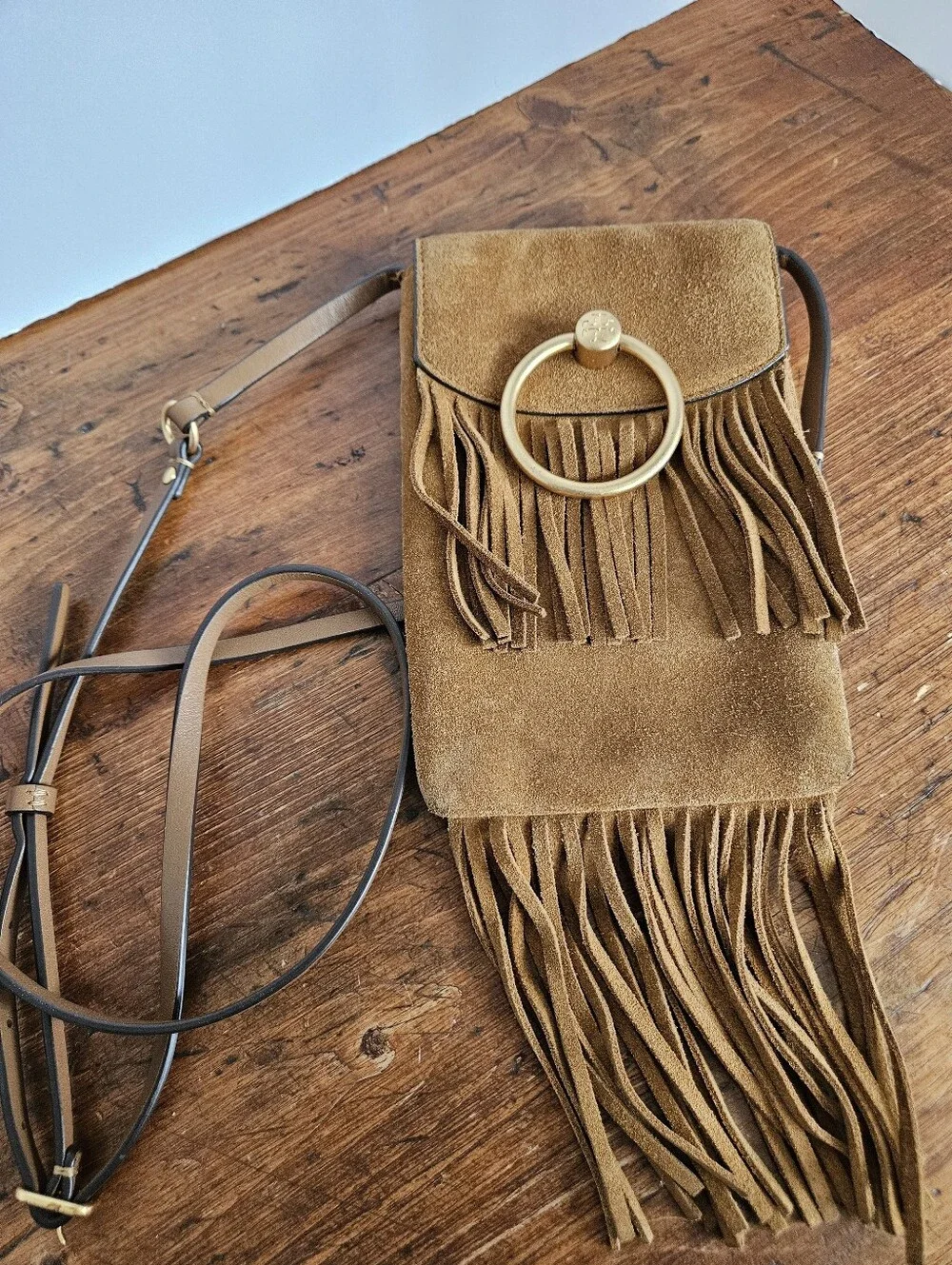 Tory Burch Farrah Suede Fringe Crossbody Phone Bag Pouch Purse Brown
